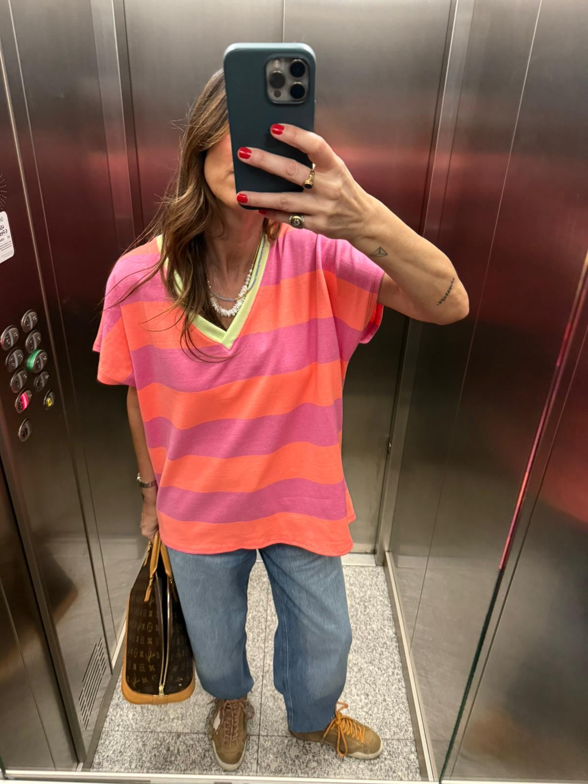 T shirt riscas rosa