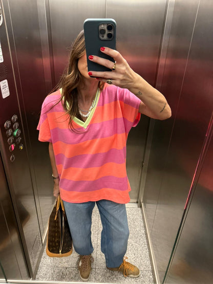 T shirt riscas rosa