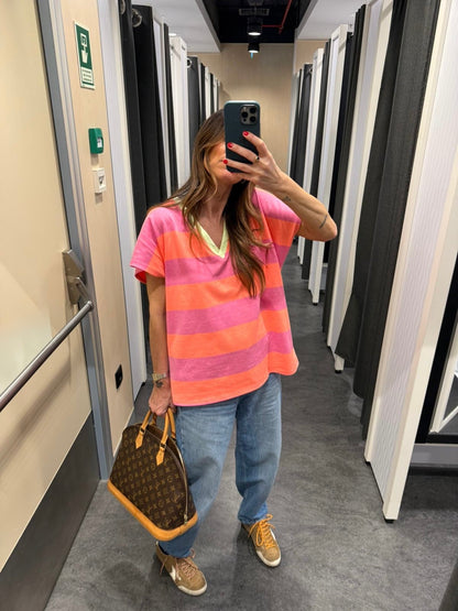 T shirt riscas rosa