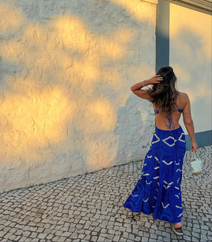 Vestido azul dourados