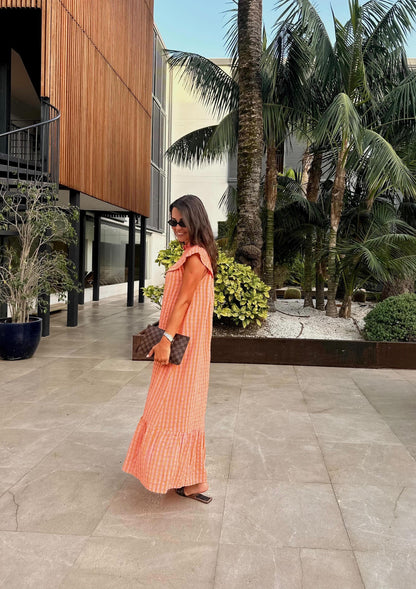 Vestido gola favos laranja