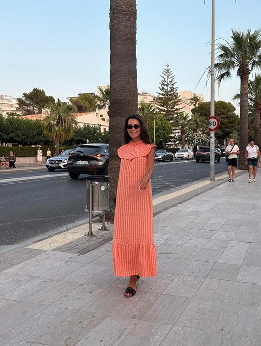 Vestido gola favos laranja