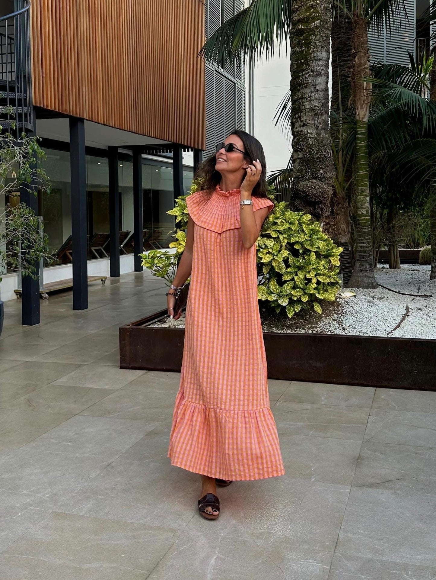 Vestido gola favos laranja